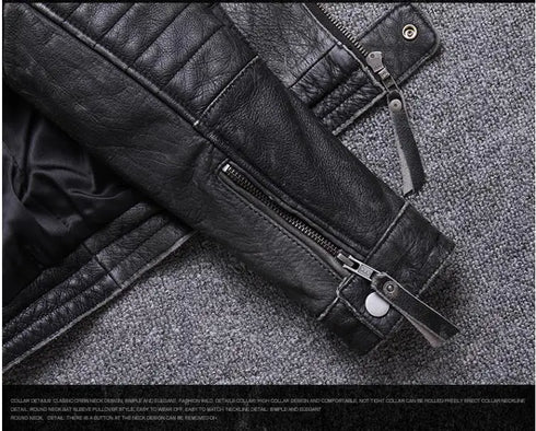 Vintage Genuine Leather Biker Jacket for Men – Slim Fit Cowhide Motorcycle Outerwear with Pockets and Embroidery Details for All Seasons