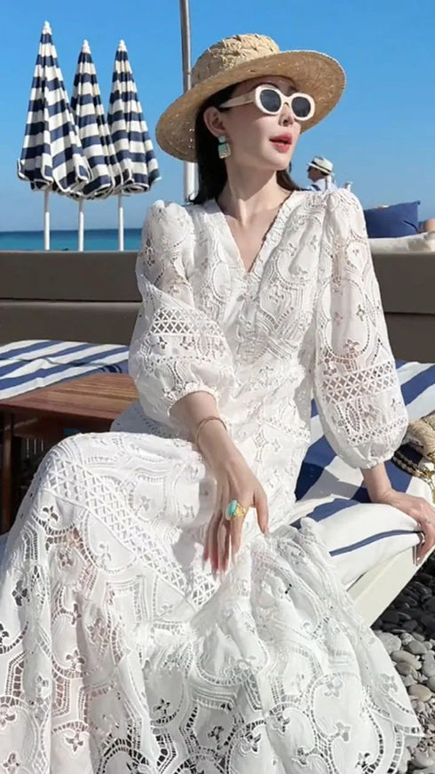 Elegant Embroidery White Lace Long Dress for Women Evening Occasion