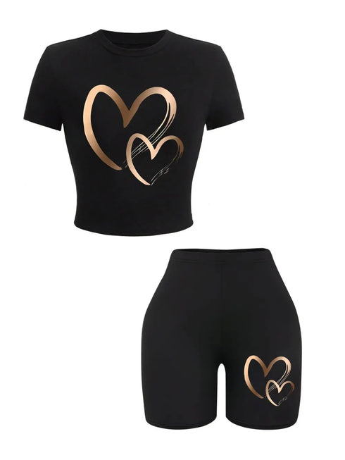 Chic Summer Women's Slim-Fit Crop Top and Shorts Set with Playful Heart Print - Perfect Summer Outfits Inspo for Effortless Style