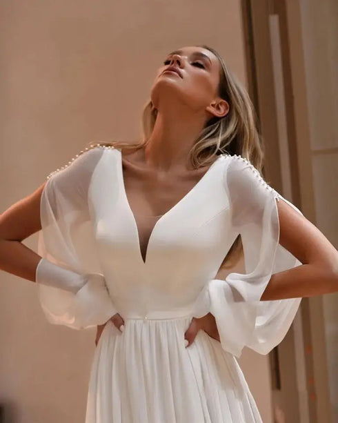 Customized Wedding Dresses for Bride Long Sleeves V Neck Simple Bridal Gown with Pearls