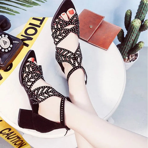 Rhinestone Faux Leather Hollow Out Thick Heel Sandals