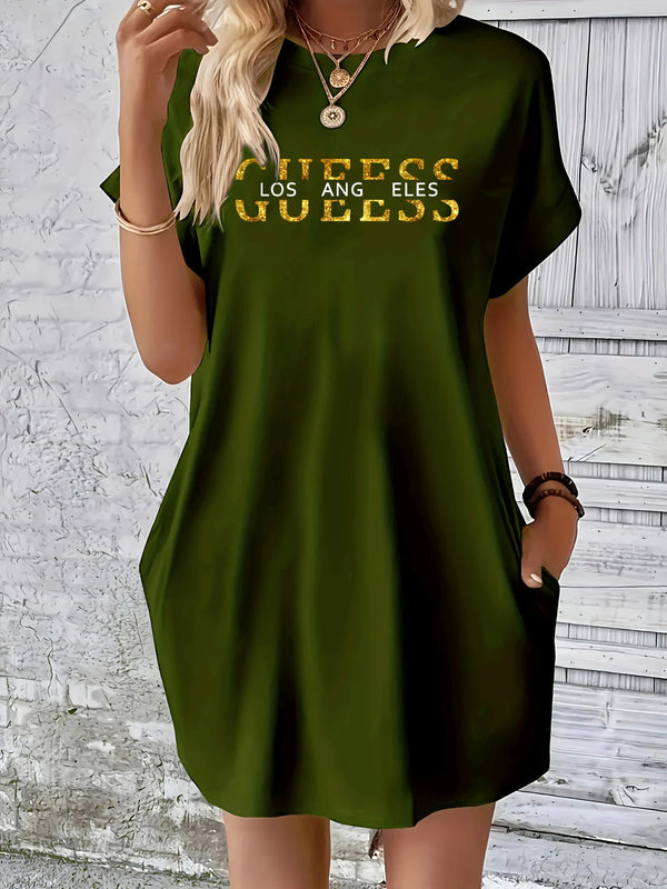 Casual Loose Fit Summer Dress With Pocket Round Neck Short Sleeve Plus Size