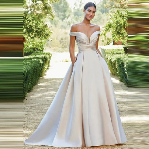 Flavinke Customized Pleat Satin Sweetheart Wedding Dresses With Pockets
