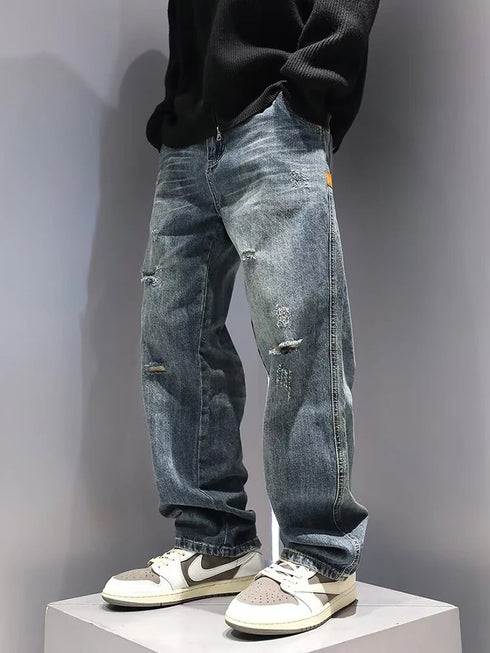 Ripped Jeans Baggy Straight Fit Denim Pants Mens Jeans Streetwear Hip Hop