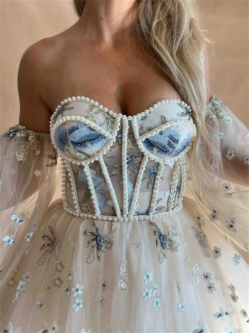 Amanda Princess Flower Lace A-Line Wedding Dress Puffy Sleeve Side Split Bridal Gown