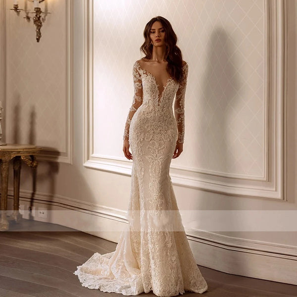 Sweetheart Wedding Dresses Sexy Backless Bridal Gowns Lace Appliques Long Sleeves Mermaid Design