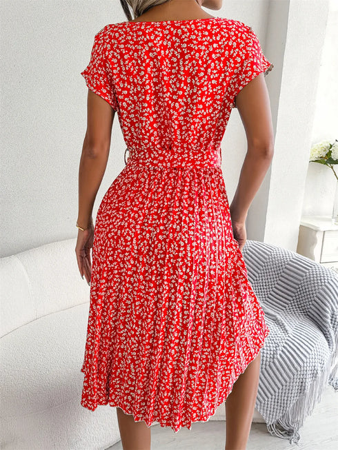 Chic Floral A-Line Dress for Women - Spring Summer Short Sleeve Pleated Style