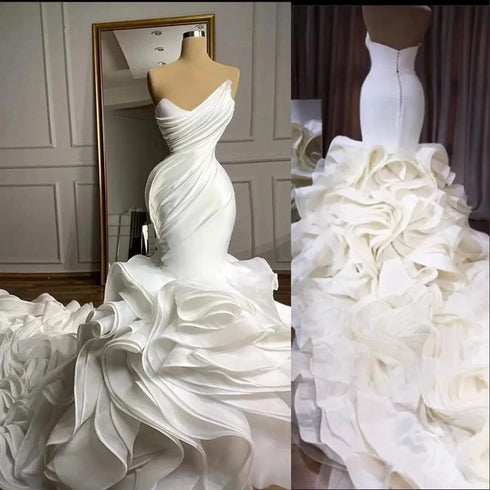 Elegant Mermaid Wedding Dresses with Sweetheart Ruffles and Chapel Train