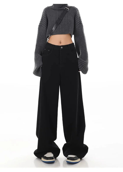 Stylish Wide Leg Black Jeans for Women - Embrace Korean Fashion Streetwear with Baggy Straight Denim Pants Perfect for Fall Outfits and Casual Days