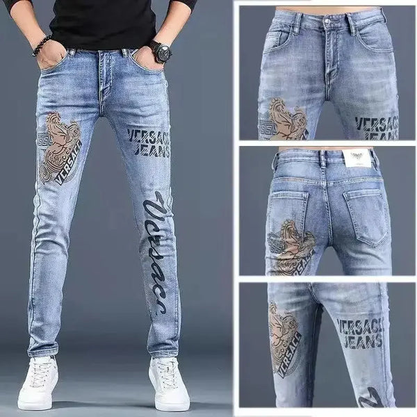 Luxury Style Korean Clothing Men's Jeans Fashion Print Denim Pants