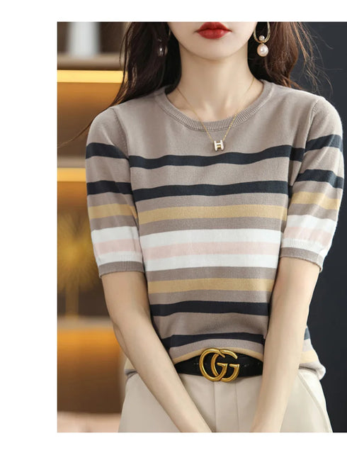 Summer Short Sleeve Women's O Neck Slim Cotton Striped Pullover Knit Sweater Top