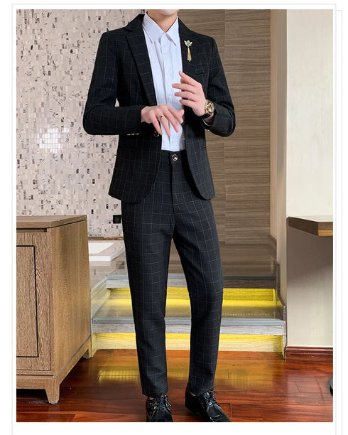 Autumn Men's Slim Fit Checkered Two-Piece Suit Korean Style Fashion Set