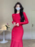 Korean Chic French Knitted Dress Women Long Sleeve Fishtail Bodycon