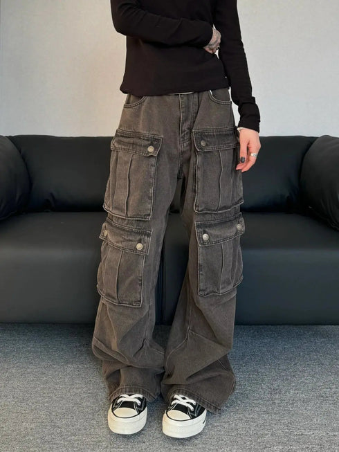Baggy High Waist Cargo Jeans for Women - Vintage Japanese 2000s Style Denim Trousers Perfect for Fall Outfits and Aesthetic Streetwear