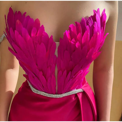 White Angel Feather Dress Luxury Design Women's Off Shoulder Elegant Long Dress for Parties and Weddings