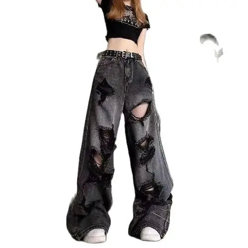 Vintage Wide Leg Ripped Denim Jeans for Women - Y2K Style Loose Fit Straight Pants Perfect for Fall Outfits and Streetwear Inspiration