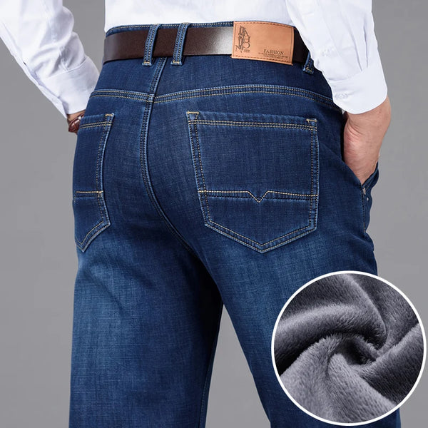 Classic Style Winter Men's Warm Business Jeans Casual Trousers