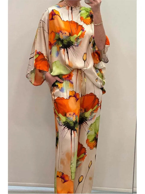 Elegant Satin Printed Two Piece Set for Women – Stylish Round Neck Top with Wide Leg Pants for Effortless Summer Outfits Inspo