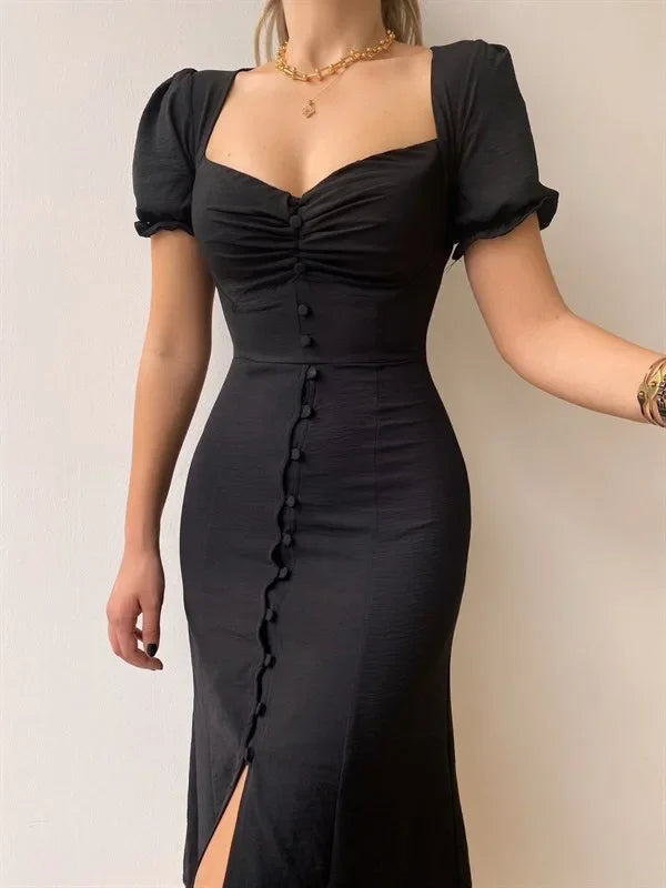 Elegant Womens Dress V-neck Single Breasted Medium Length Dress with Temperament Skirt