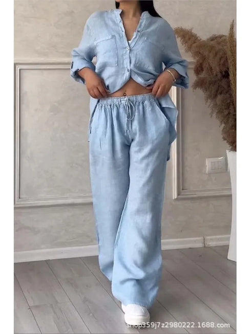 Chic Casual Women's Two Piece Set: Long Sleeve Pocket Shirt and Wide Leg Pants for Effortless Spring/Summer Style - Perfect Summer Outfits Inspo for the Modern Office Lady