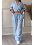 Chic Casual Women's Two Piece Set: Long Sleeve Pocket Shirt and Wide Leg Pants for Effortless Spring/Summer Style - Perfect Summer Outfits Inspo for the Modern Office Lady