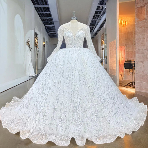 Classic Wedding Dresses with Long Sleeve Backless Beading Lace Gowns