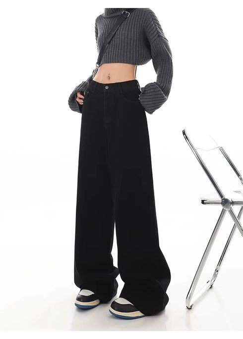 Stylish Wide Leg Black Jeans for Women - Embrace Korean Fashion Streetwear with Baggy Straight Denim Pants Perfect for Fall Outfits and Casual Days