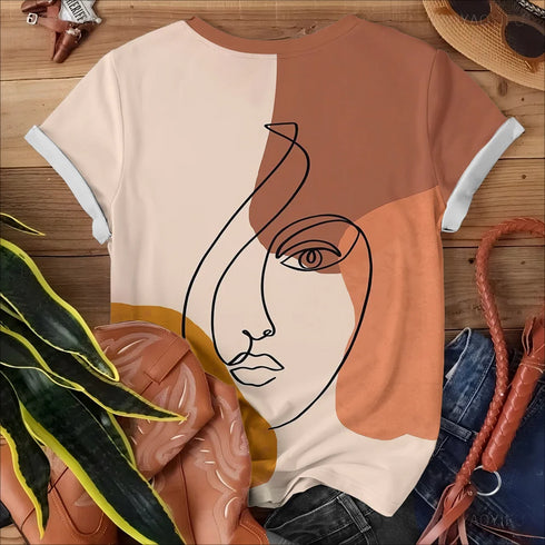 Orange And White Women's Abstract Art T-shirt - Modern Bold Fashion Art Style Summer Round Neck Short Sleeve