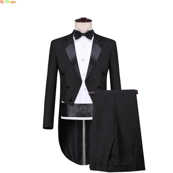 Elegant Men's Tuxedo Tailcoat Suit Set - Formal Dress Attire with Swallow Tail Coat for Parties, Weddings, Dance Events, and Magic Performances