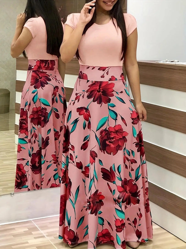 Floral Print Floor-Length Swing Dress For Women Short Sleeve O-Neck