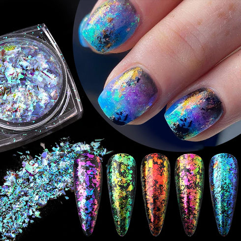 Sparkly Chameleon Nail Glitter Flakes - Irregular Gradient Sequins Powder for Gel Polish Nail Manicure Decoration and DIY Charms