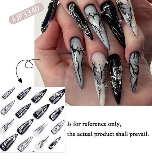 Punk Style Black Flame Love Heart Press On Nails with Butterfly and Star Charms - Long Pointed False Nail Art for Y2K Manicure and Parties