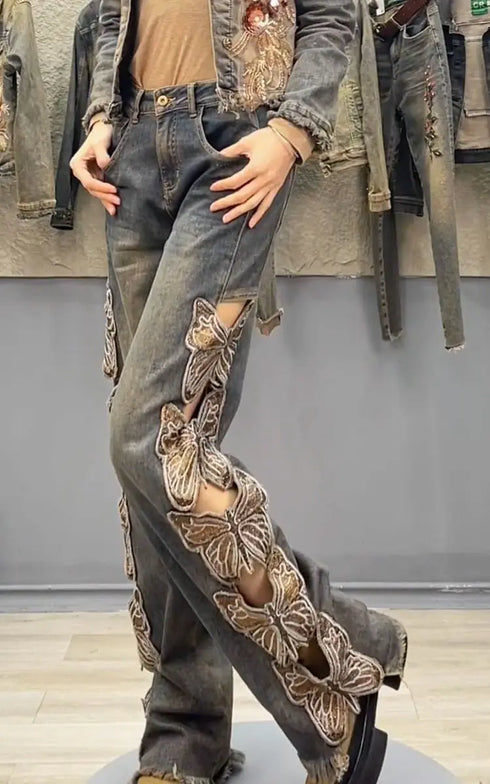 Y2K-Inspired Women's High Waist Denim Pants with Butterfly Embroidery - Loose Fit Straight Ripped Jeans Perfect for Streetwear and Fall Outfits with Jeans