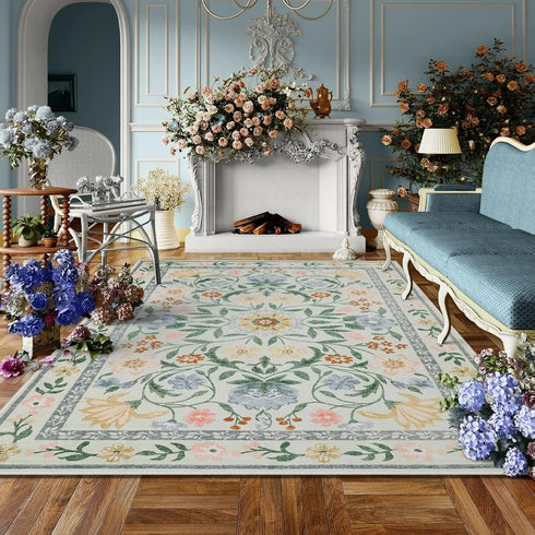 Floral Style Living Room Carpet Machine Washable Large Area Decorative Rug