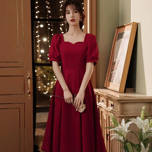 Elegant Red Midi Dress Women Summer Vintage Evening Party Dress Casual Fashion Formal Occasions One Piece Dress