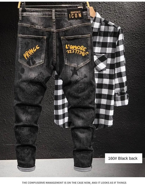 Luxury Streetwear Slim Fit Denim Jeans with 3D Embroidery Design for Casual Spring and Autumn Fashion - Perfect for Medium Wash Jeans Outfit and Punk Style