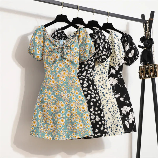 Floral Chiffon Mini Dress for Women with Puff Sleeves and Shirring Details