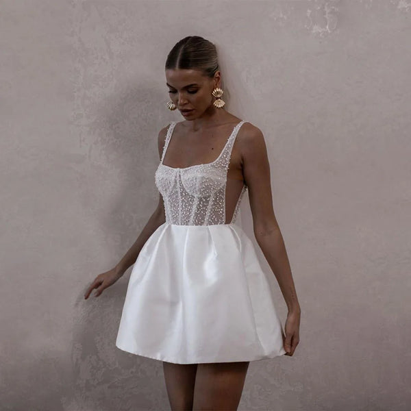 Backless Mini Wedding Dress With Wide Straps And Sheer Illusion Pearl Embellishments Bridal Gown