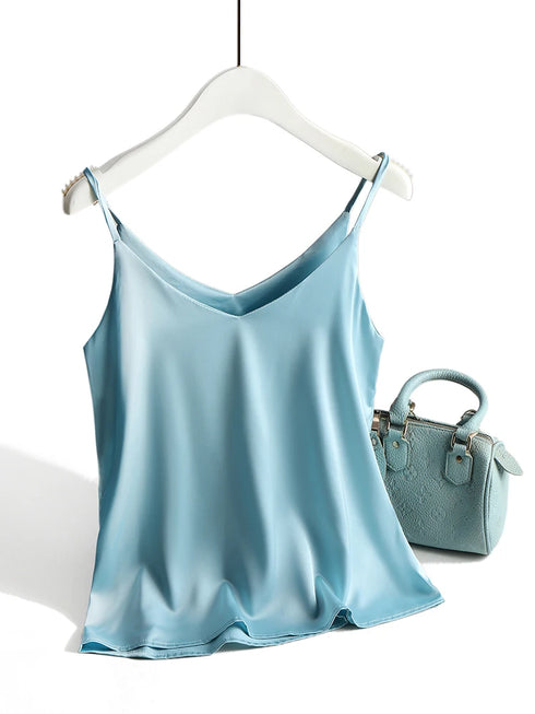 Spaghetti Strap Satin Silk Tank Top Women Sleeveless Halter V Neck Camisole Summer Casual Cami