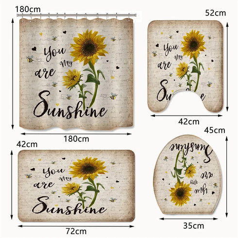 4 Piece Doormat Shower Curtain Set with Non-Slip Rugs Toilet Seat Cover and Bath Carpet for Bathroom Decor