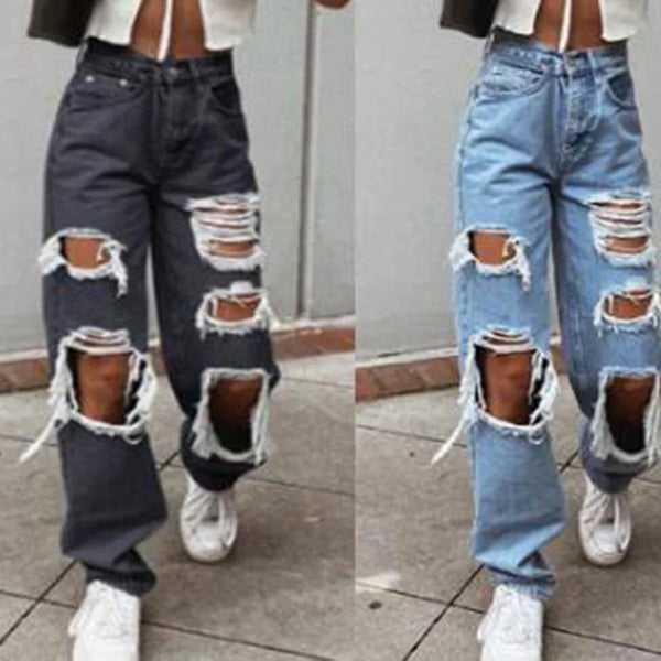 Figure-Flattering High-Waisted Wide-Leg Ripped Jeans For Women Soft Denim Comfort Everyday Wear