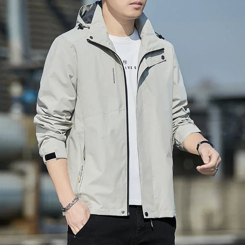 Plush Waterproof Autumn Winter Jacket for Men - Casual Windproof Coat with Detachable Hood and Rib Sleeves, Perfect for Daily Wear and Spring Cotton Comfort