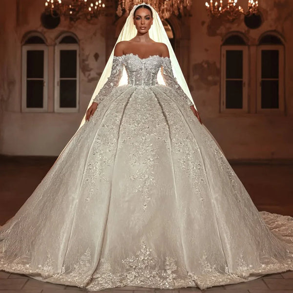 Crystal Embellished Organza Wedding Dress With Sweetheart Neckline Long Sleeves A Line Bridal Gown