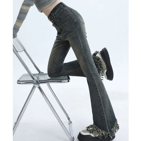 Ripped High Waist Flared Jeans For Women Retro Denim Trousers Casual Street Style Classic Fit