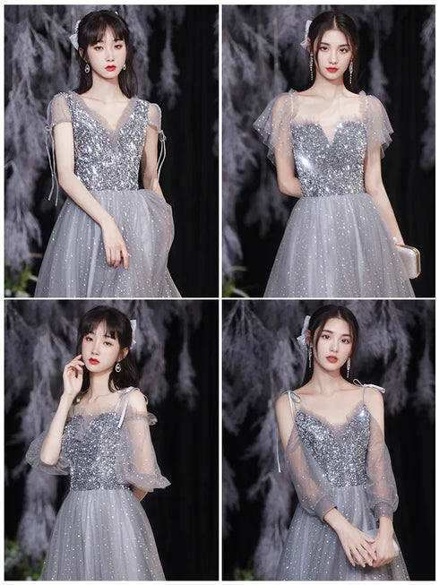 Off Shoulder Lace Illusion A Line Dress Floor Length Glitter Tulle Bow Bridesmaid Dress