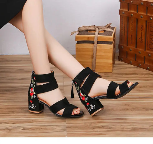 Embroidered Vintage Mid Heel Summer Sandals For Women