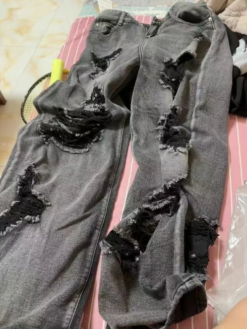Vintage Wide Leg Ripped Denim Jeans for Women - Y2K Style Loose Fit Straight Pants Perfect for Fall Outfits and Streetwear Inspiration