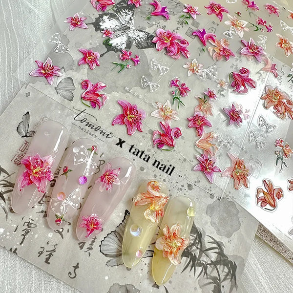 Blooming Lily Flower Self Adhesive Nail Art Stickers with Embossed Relief, Rhinestones, and Pearl Accents for Stunning Manicure Decals