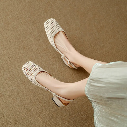 Woven Square Toe Mid Heel Sandals For Women Stylish