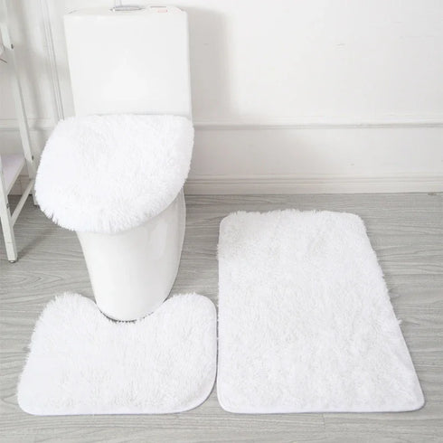3 Piece Solid Color Bathroom Carpet Set Non-Slip Toilet Lid Cover Rugs Kit